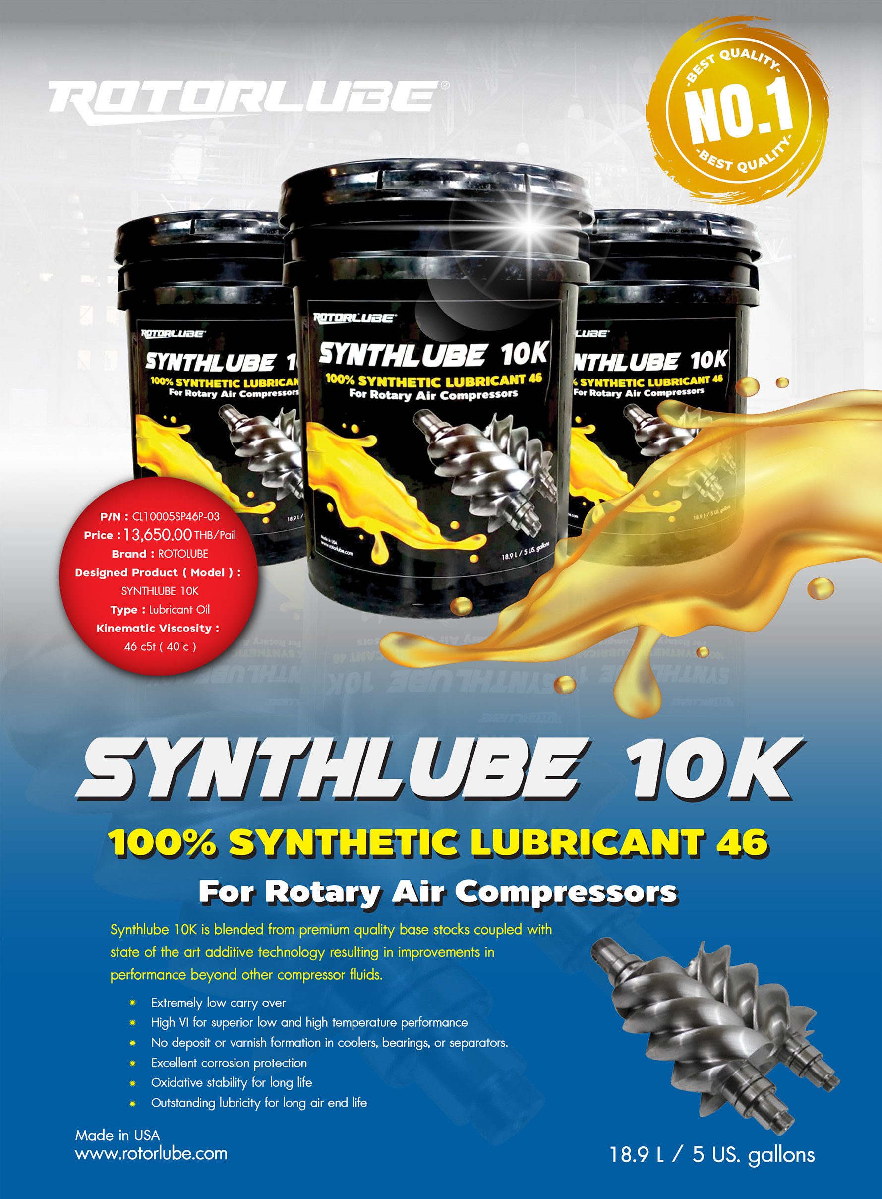น้ำมัน SYNTHLUBE 10 K 100 SYNTHETIC LUBRICANT 46 For Rotary Air